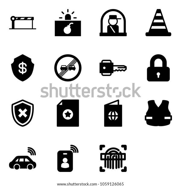 Solid vector icon set - barrier vector, terrorism,\
officer window, road cone, safe, end overtake limit sign, key,\
locked, shield cross, certificate, passport, life vest, car\
wireless, identity card