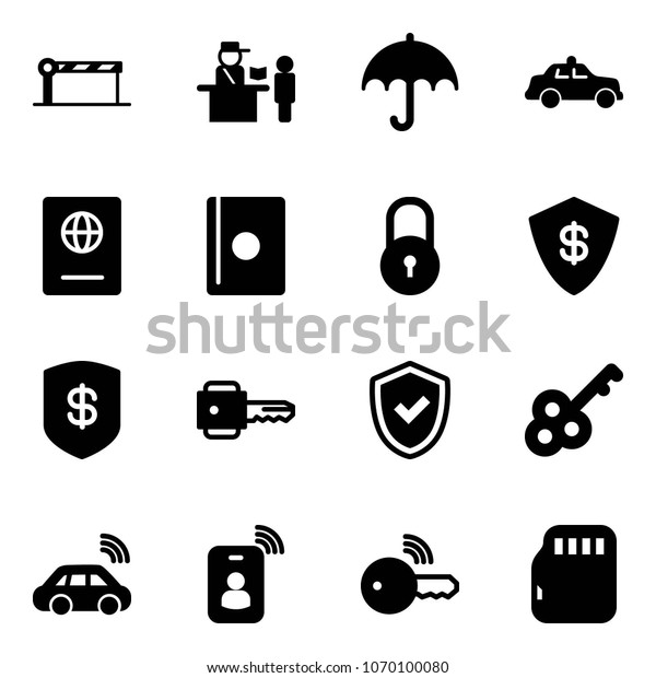 Solid vector icon set - barrier vector,
passport control, insurance, safety car, lock, safe, key, shield
check, wireless, identity card, micro
flash