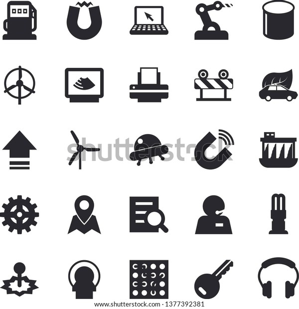 Solid vector icon set - barrier flat vector,
refueling, hydroelectric power station, cogwheel, energy saving
lamp, eco cars, laser, pipe production, magnet, ultrasound,
tomograph, magnifier,
printer
