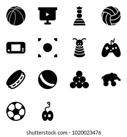 Solid vector icon set - basketball ball vector, presentation board, chess queen, volleyball, game console, record button, pyramid toy, joystick, tambourine, billiards balls, elephant wheel, soccer