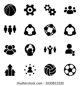 Solid vector icon set - basketball ball vector, gear, group, social, friends, community, man globe, team leader, winner, arrows up, star, volleyball, soccer
