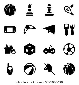 Solid vector icon set - basketball ball vector, chess queen, pawn, badminton, game console, boomerang, paper plane, shovel fork toy, bucket, cube, gamepad, soccer, phone, beach, unicorn stick