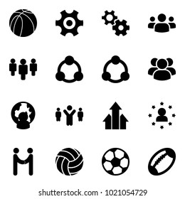 Solid vector icon set - basketball ball vector, gear, group, social, community, man globe, team leader, arrows up, star, agreement, volleyball, soccer, football