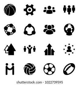 Solid vector icon set - basketball ball vector, gear, group, friends, community, man globe, arrow up, team leader, arrows, star, agreement, volleyball, soccer, football