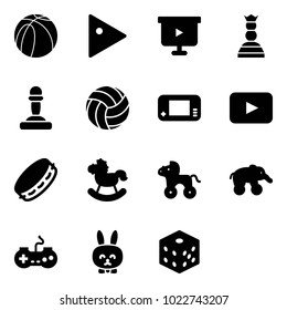 Solid vector icon set - basketball ball vector, play, presentation board, chess queen, pawn, volleyball, game console, playback, tambourine, rocking horse, wheel, elephant, gamepad, toy rabbit