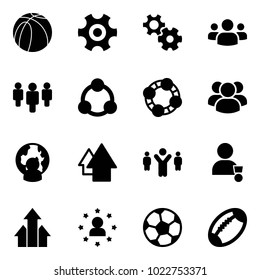 Solid vector icon set - basketball ball vector, gear, group, social, friends, man globe, arrow up, team leader, winner, arrows, star, soccer, football