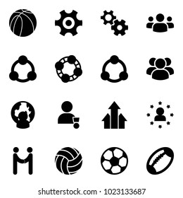 Solid vector icon set - basketball ball vector, gear, group, social, friends, community, man globe, winner, arrows up, star, agreement, volleyball, soccer, football