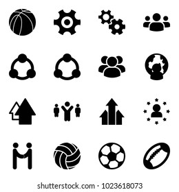 Solid vector icon set - basketball ball vector, gear, group, social, community, man globe, arrow up, team leader, arrows, star, agreement, volleyball, soccer, football