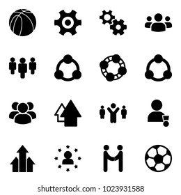 Solid vector icon set - basketball ball vector, gear, group, social, friends, community, arrow up, team leader, winner, arrows, star man, agreement, soccer