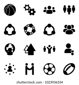 Solid vector icon set - basketball ball vector, gear, group, social, friends, community, man globe, arrow up, team leader, winner, star, agreement, soccer, football