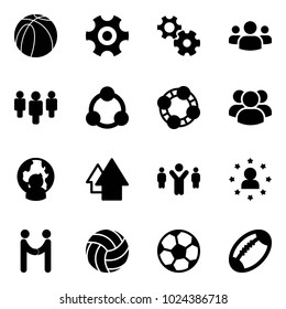 Solid vector icon set - basketball ball vector, gear, group, social, friends, man globe, arrow up, team leader, star, agreement, volleyball, soccer, football