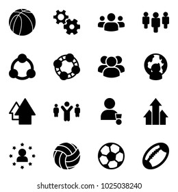 Solid vector icon set - basketball ball vector, gear, group, social, friends, man globe, arrow up, team leader, winner, arrows, star, volleyball, soccer, football