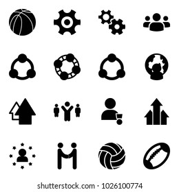 Solid vector icon set - basketball ball vector, gear, group, social, friends, community, man globe, arrow up, team leader, winner, arrows, star, agreement, volleyball, football