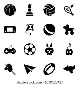 Solid vector icon set - basketball ball vector, chess queen, volleyball, badminton, game console, kite, wheel horse, gamepad, soccer, toy rabbit, yoyo, unicorn stick, paper plane, football
