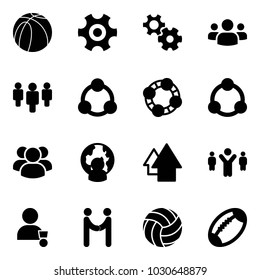 Solid vector icon set - basketball ball vector, gear, group, social, friends, community, man globe, arrow up, team leader, winner, agreement, volleyball, football