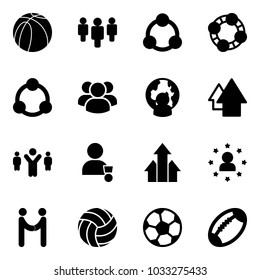 Solid vector icon set - basketball ball vector, group, social, friends, community, man globe, arrow up, team leader, winner, arrows, star, agreement, volleyball, soccer, football
