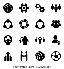 Solid vector icon set - basketball ball vector, gear, group, social, friends, community, man globe, arrow up, team leader, winner, arrows, agreement, volleyball, soccer