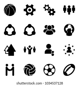 Solid vector icon set - basketball ball vector, gear, group, social, community, man globe, arrow up, team leader, winner, star, agreement, volleyball, soccer, football