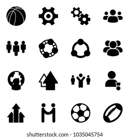 Solid vector icon set - basketball ball vector, gear, group, friends, community, man globe, arrow up, team leader, winner, arrows, agreement, soccer, football