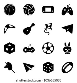 Solid vector icon set - basketball ball vector, volleyball, game console, joystick, boomerang, guitar, kite, paper plane, cube toy, gamepad, soccer, rabbit, unicorn stick, bones, football