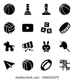 Solid vector icon set - basketball ball vector, chess queen, pawn, volleyball, playback, abc cube, tambourine, wheel horse, xylophone, toy rabbit, unicorn stick, paper plane, football, Tic tac toe