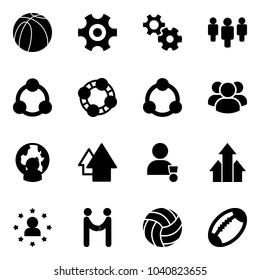 Solid vector icon set - basketball ball vector, gear, group, social, friends, community, man globe, arrow up, winner, arrows, star, agreement, volleyball, football