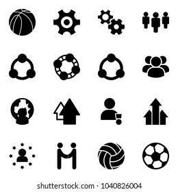 Solid vector icon set - basketball ball vector, gear, group, social, friends, community, man globe, arrow up, winner, arrows, star, agreement, volleyball, soccer