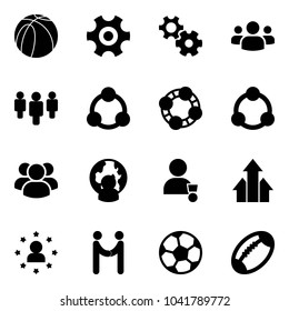 Solid vector icon set - basketball ball vector, gear, group, social, friends, community, man globe, winner, arrows up, star, agreement, soccer, football