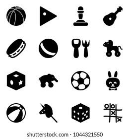 Solid vector icon set - basketball ball vector, play, pawn, guitar, tambourine, shovel fork toy, wheel horse, cube, elephant, soccer, rabbit, beach, unicorn stick, bones, Tic tac toe