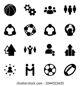 Solid vector icon set - basketball ball vector, gear, group, social, friends, community, man globe, arrow up, team leader, winner, arrows, star, agreement, soccer, football