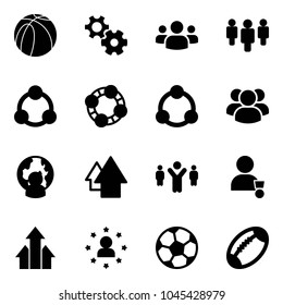 Solid vector icon set - basketball ball vector, gear, group, social, friends, community, man globe, arrow up, team leader, winner, arrows, star, soccer, football