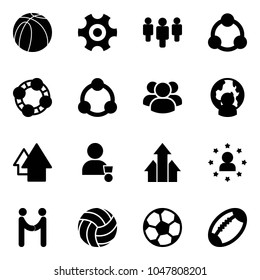 Solid vector icon set - basketball ball vector, gear, group, social, friends, community, man globe, arrow up, winner, arrows, star, agreement, volleyball, soccer, football