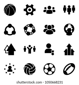 Solid vector icon set - basketball ball vector, gear, group, social, friends, man globe, arrow up, team leader, winner, arrows, star, volleyball, soccer, football
