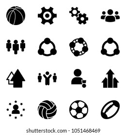 Solid vector icon set - basketball ball vector, gear, group, social, friends, community, arrow up, team leader, winner, arrows, star man, volleyball, soccer, football