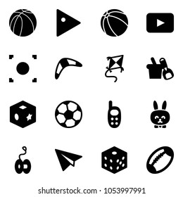 Solid vector icon set - basketball ball vector, play, playback, record button, boomerang, kite, shovel bucket, cube toy, soccer, phone, rabbit, yoyo, paper plane, bones, football