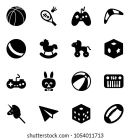 Solid vector icon set - basketball ball vector, badminton, joystick, boomerang, rocking horse, wheel, cube toy, gamepad, rabbit, beach, piano, unicorn stick, paper plane, bones, football