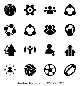 Solid vector icon set - basketball ball vector, gear, group, social, friends, community, man globe, arrow up, team leader, winner, arrows, star, volleyball, soccer, football