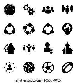 Solid vector icon set - basketball ball vector, gear, group, social, friends, community, man globe, arrow up, team leader, winner, arrows, star, volleyball, soccer, football