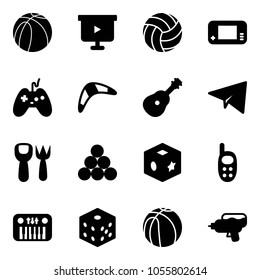 Solid vector icon set - basketball ball vector, presentation board, volleyball, game console, joystick, boomerang, guitar, paper plane, shovel fork toy, billiards balls, cube, phone, piano, bones