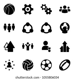 Solid vector icon set - basketball ball vector, gear, group, social, community, man globe, arrow up, team leader, winner, arrows, star, volleyball, soccer, football