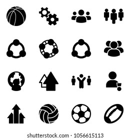 Solid vector icon set - basketball ball vector, gear, group, social, friends, community, man globe, arrow up, team leader, winner, arrows, volleyball, soccer, football