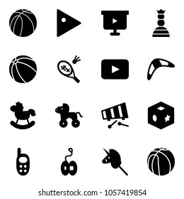 Solid vector icon set - basketball ball vector, play, presentation board, chess queen, badminton, playback, boomerang, rocking horse, wheel, xylophone, cube toy, phone, yoyo, unicorn stick