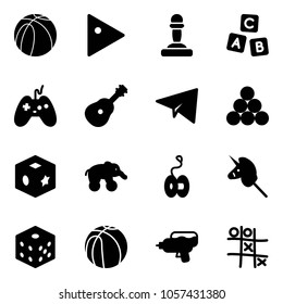 Solid vector icon set - basketball ball vector, play, pawn, abc cube, joystick, guitar, paper plane, billiards balls, toy, elephant wheel, yoyo, unicorn stick, bones, water gun, Tic tac toe