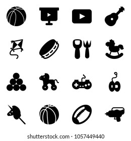 Solid vector icon set - basketball ball vector, presentation board, playback, guitar, kite, tambourine, shovel fork toy, rocking horse, billiards balls, wheel, gamepad, yoyo, unicorn stick, football