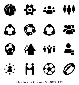 Solid vector icon set - basketball ball vector, gear, group, social, friends, community, man globe, arrow up, team leader, winner, star, agreement, soccer, football