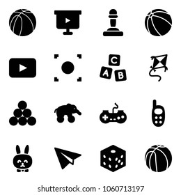 Solid vector icon set - basketball ball vector, presentation board, pawn, playback, record button, abc cube, kite, billiards balls, elephant wheel, gamepad, phone toy, rabbit, paper plane, bones