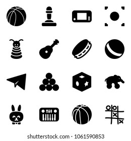 Solid vector icon set - basketball ball vector, pawn, game console, record button, pyramid toy, guitar, tambourine, paper plane, billiards balls, cube, elephant wheel, rabbit, piano, Tic tac toe
