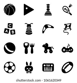 Solid vector icon set - basketball ball vector, play, chess queen, badminton, abc cube, pyramid toy, boomerang, kite, shovel fork, wheel horse, gamepad, soccer, rabbit, piano, football