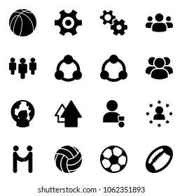 Solid vector icon set - basketball ball vector, gear, group, social, community, man globe, arrow up, winner, star, agreement, volleyball, soccer, football
