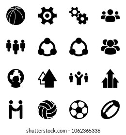 Solid vector icon set - basketball ball vector, gear, group, social, community, man globe, arrow up, team leader, arrows, agreement, volleyball, soccer, football